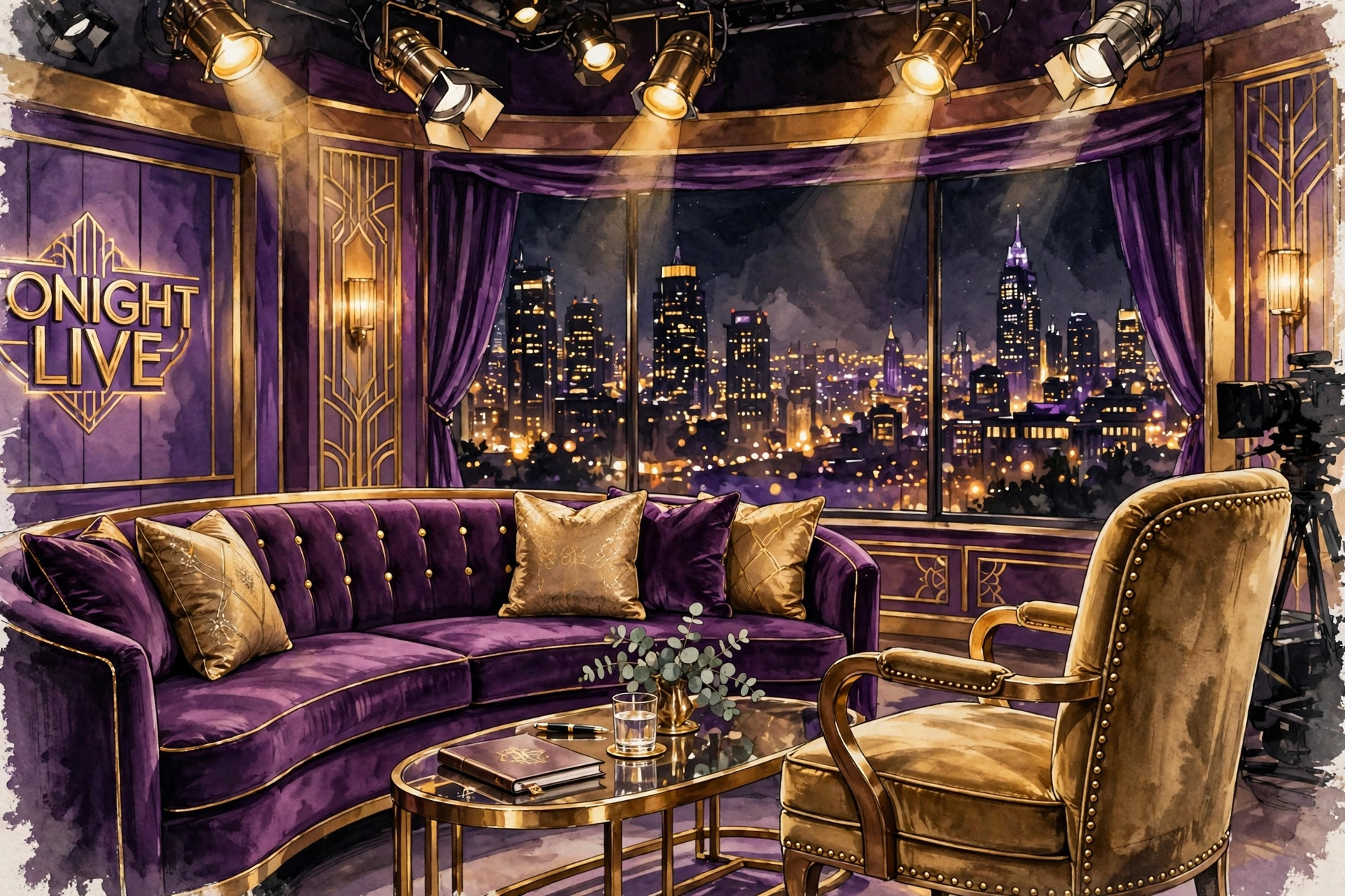 Ellen DeGeneres TV comeback hint - illustration of a TV talk show studio.