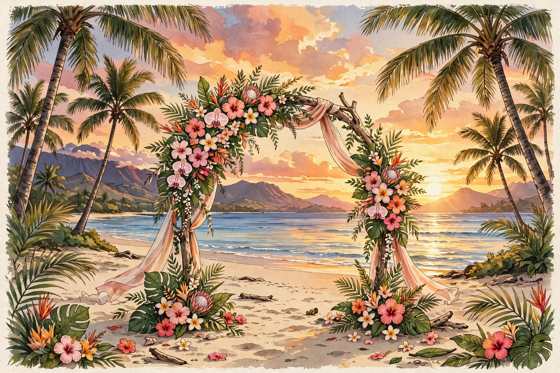 Tobey Maguire ex-wife wedding - illustration of a Hawaii beach wedding at sunset